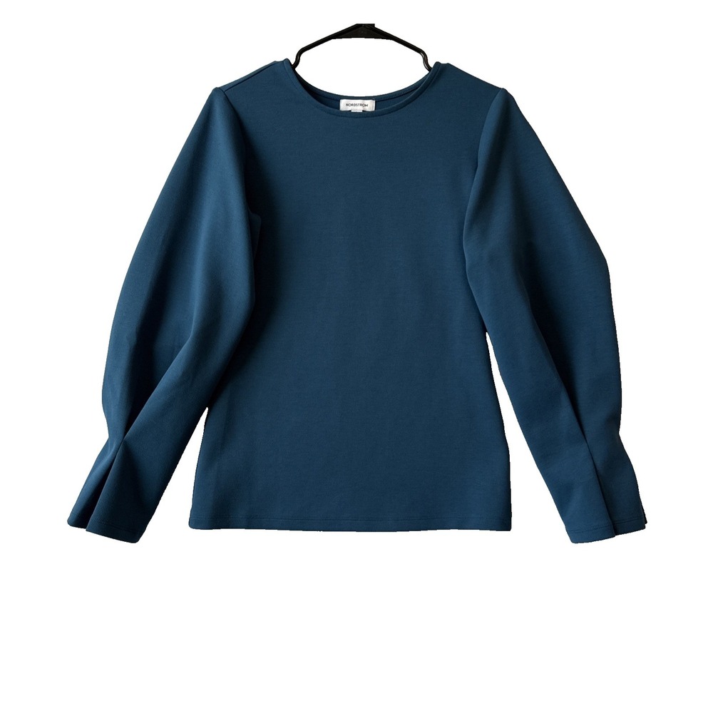 Nordstrom Teal Blue Balloon Pleated Sleeve Fitted Scuba Top S Minimalist Capsule